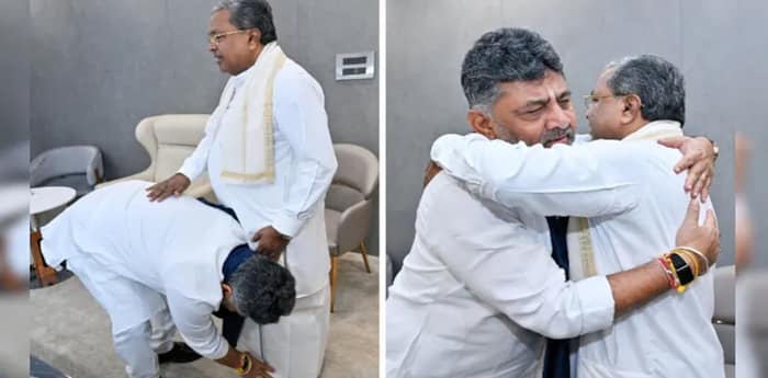 সকাল সকাল সিদ্ধারামাইয়ার বাসভবনে হাজির ডি কে শিবকুমার, পা ছুঁয়ে চাইলেন আশির্বাদ
