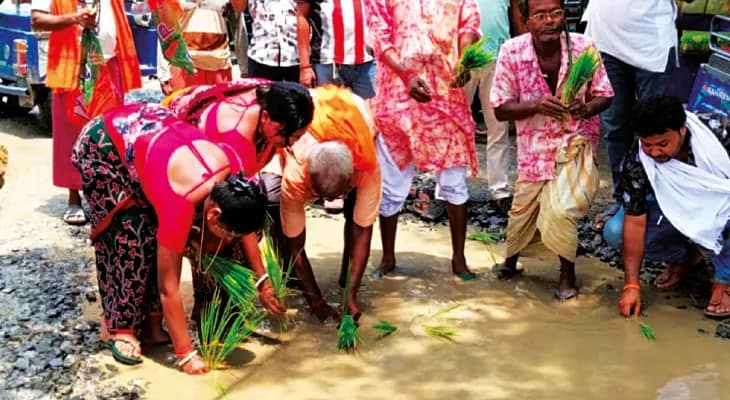 রাস্তায় ধান রোপণ করে বিক্ষোভ