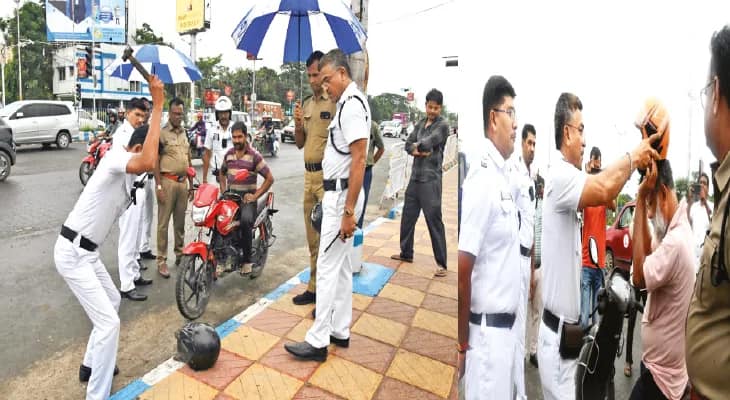 হাতুড়ি দিয়ে অকেজো হেলমেট ভাঙল পুলিস বাইকচালক পেলেন আরও শক্তপোক্ত শিরোস্ত্রাণ