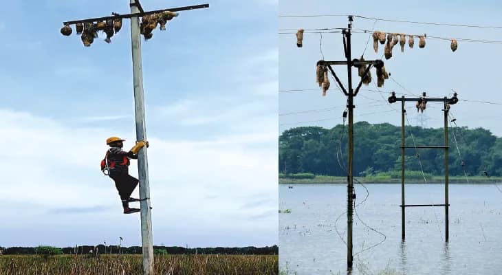 হাইটেনশনে বাবুইদের সংসার, না ভেঙে পাশেই খুঁটি পুঁতে সরিয়ে দিল বিদ্যুৎদপ্তর