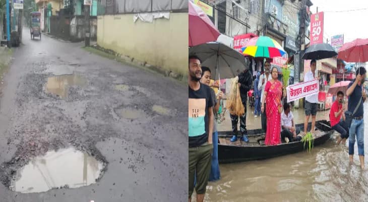 একটানা বৃষ্টিতে টইটম্বুর অলিগলি থেকে আন্ডারপাস, তীব্র অসন্তোষ ভাঙা রাস্তায়, দীর্ঘক্ষণ জমে জল, প্রতিবাদে রাস্তায় ‘দুয়ারে নৌকা’