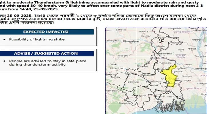 আগামী কয়েকঘণ্টার মধ্যে নদীয়াতে বজ্রবিদ্যুৎ সহ হাল্কা থেকে মাঝারি মাত্রায় বৃষ্টির পূর্বাভাস