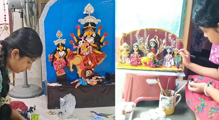 মাটি ছাড়াই তৈরি হয়েছে দেবী প্রতিমা, দুই খুদে শিল্পীর সৃষ্টিতে আপ্লুত বড়রা