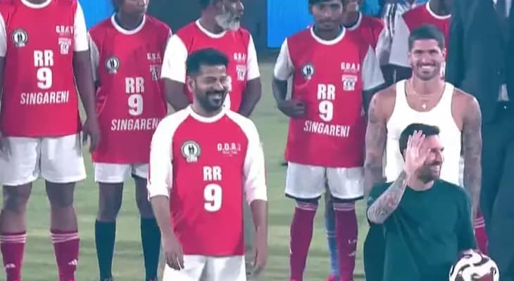 তেলেঙ্গানার মুখ্যমন্ত্রী রেবন্ত রেড্ডির সঙ্গে উপ্পল স্টেডিয়ামে ফুটবল খেললেন মেসি