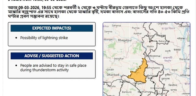 আগামী কয়েক ঘন্টায় বীরভূম, বাঁকুড়া, পুরুলিয়ায় ঝড়-বৃষ্টির সম্ভাবনা