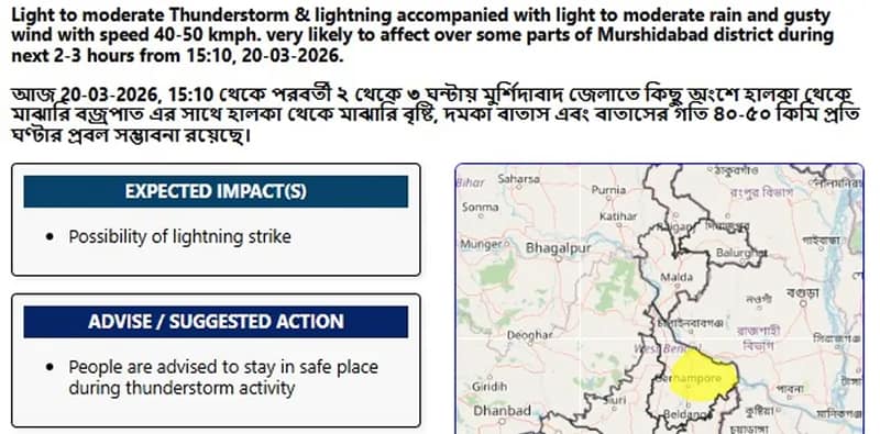 আগামী কয়েক ঘন্টার মধ্যে মুর্শিদাবাদে ঝড়-বৃষ্টির সম্ভবনা