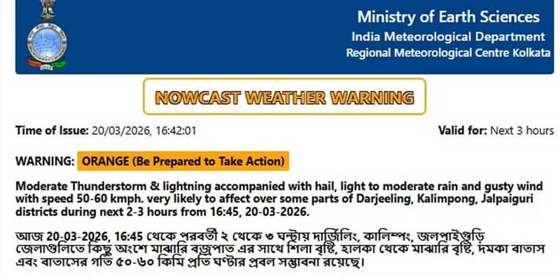 আগামী কয়েক ঘন্টার মধ্যে দার্জিলিং, কালিম্পং, জলপাইগুড়িতে ঝড়-বৃষ্টির সম্ভবনা