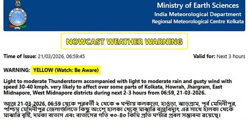 আগামী কয়েক ঘণ্টার মধ্যে কলকাতা, হাওড়া, ঝাড়গ্রাম, পূর্ব মেদিনীপুর, পশ্চিম মেদিনীপুরে ঝড়-বৃষ্টির সম্ভাবনা