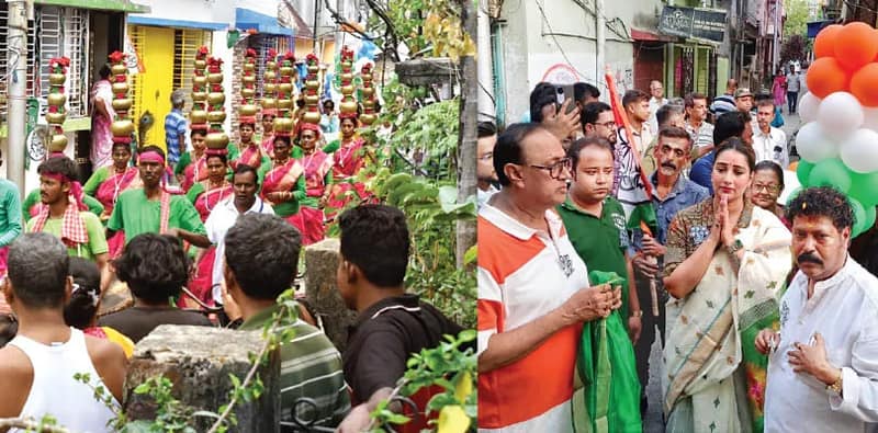 শঙ্খ-উলুধ্বনি থেকে ধামসা-মাদল, মনোরম আবহাওয়ায় জমাটি প্রচার উত্তর শহরতলিতে