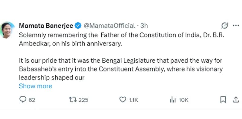 ড. বিআর আম্বদকরের জন্মবার্ষিকীতে শ্রদ্ধা জ্ঞাপন মুখ্যমন্ত্রী মমতা বন্দ্যোপাধ্যায়ের